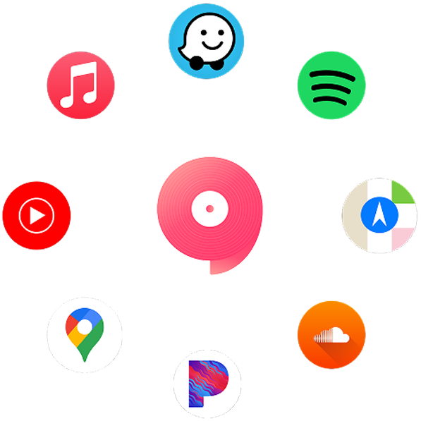 Icons for Google Maps, Waze, Apple Maps, and other supported apps arranged around the JamShare logo
